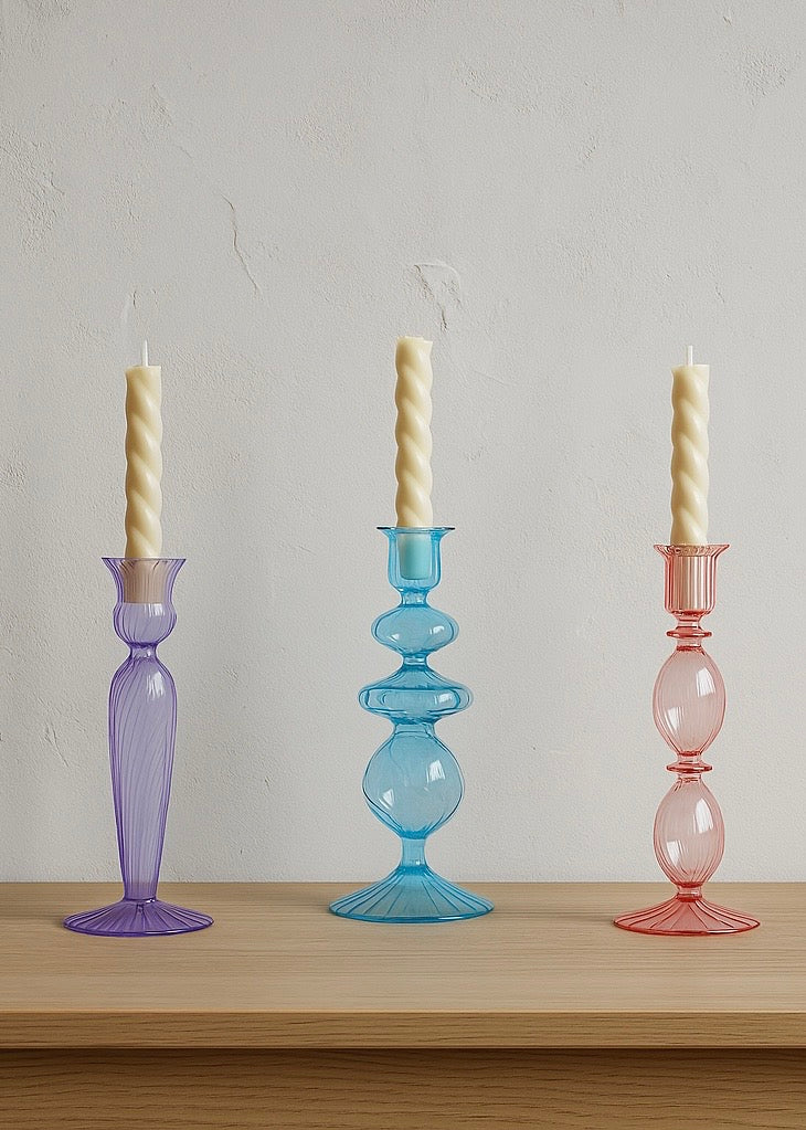 Glass Candlestick Holder, Blue, Decor
