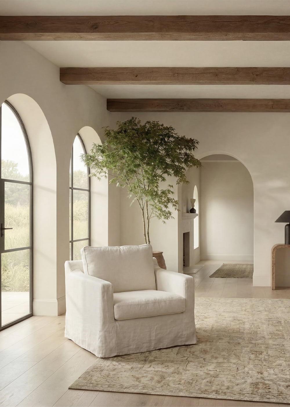 Wabi Milk White linen single seat in a living room