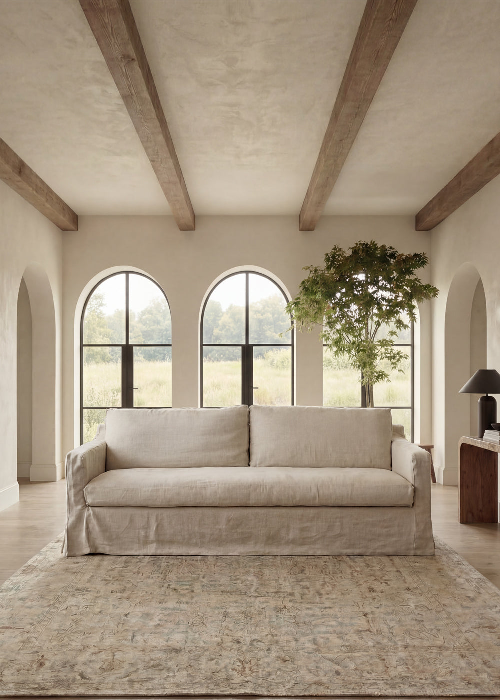 Wabi Milk White linen two seater sofa in a living room