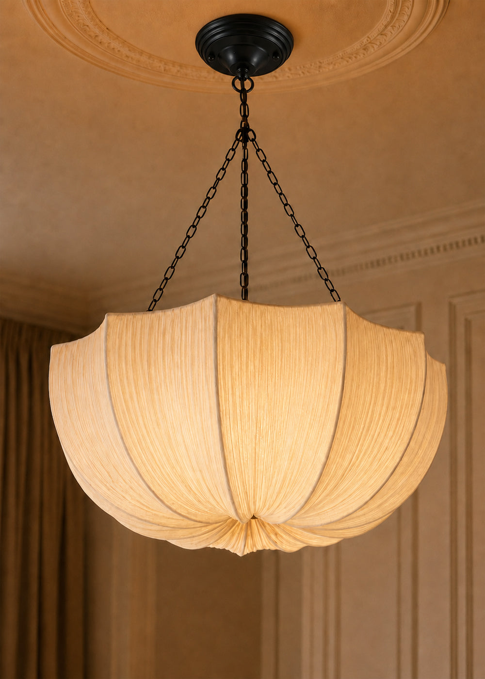 Kumo gathered fabric pendant light hanging from three metal chains