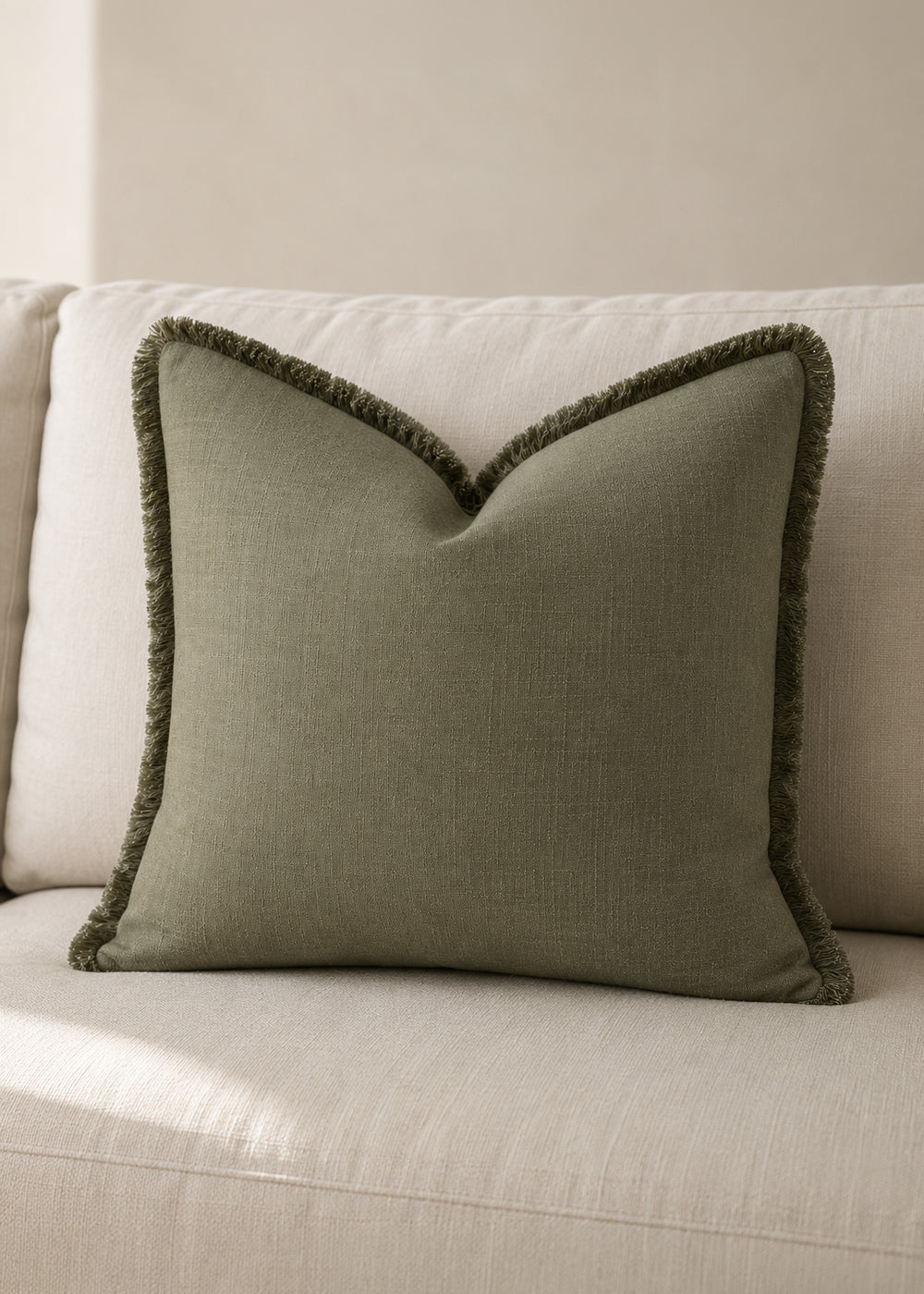 Sumi, Fringed Linen Cushion Covers, Set of 2, Olive