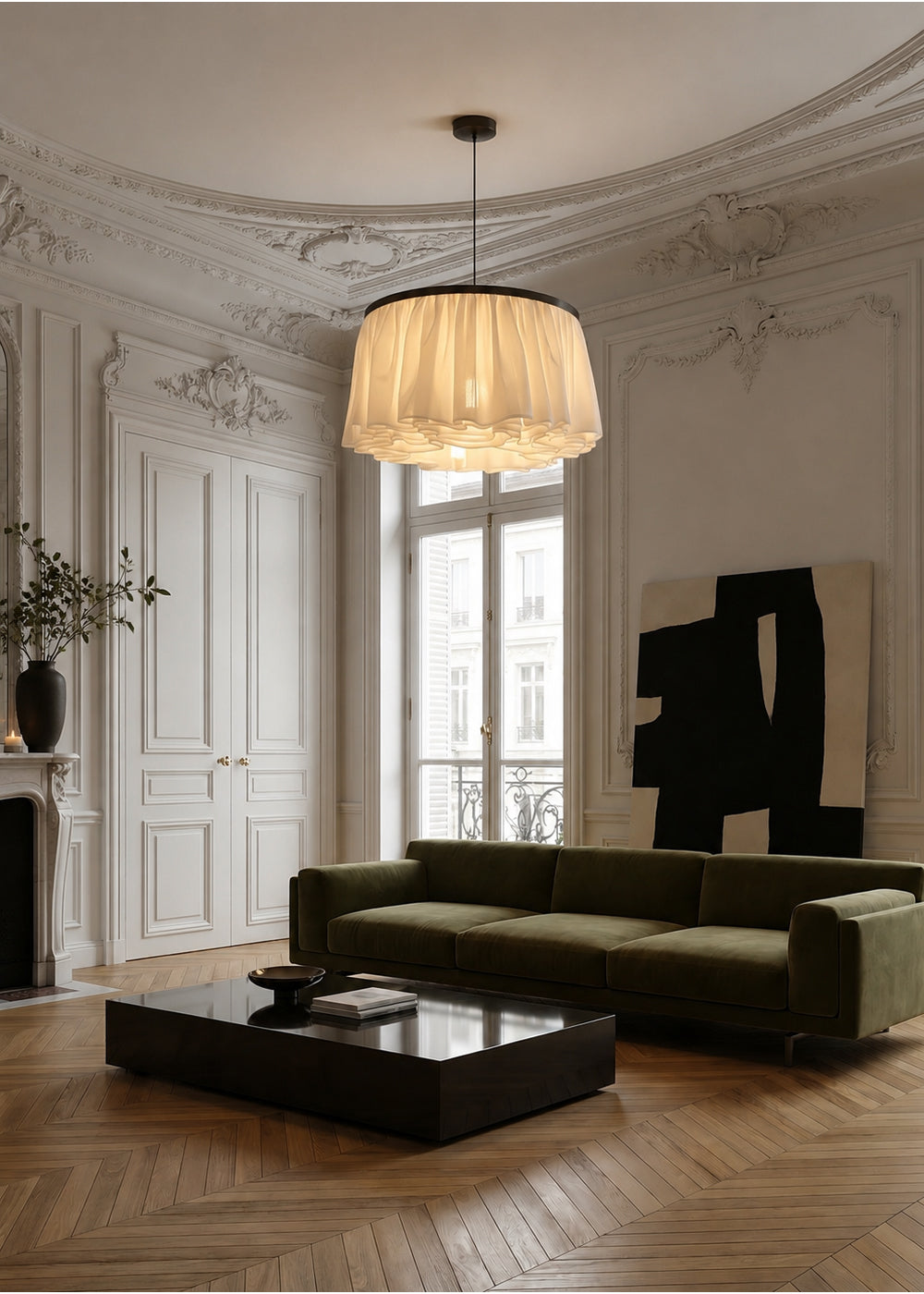Akari pleated linen pendant in a dining space