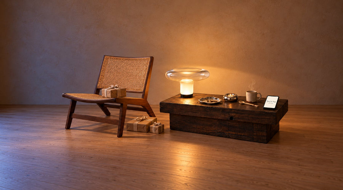 Reading corner with a rattan cane lounge chair, glowing glass table lamp, chrome catch-all tray and a Fjord & Fuji digital gift card on a phone, gifts for someone who has everything