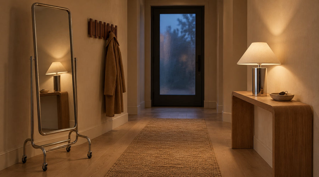 Entrance hall at dusk lit by a chrome column table lamp on an oak console, with a walnut hook rail and a freestanding full length mirror
