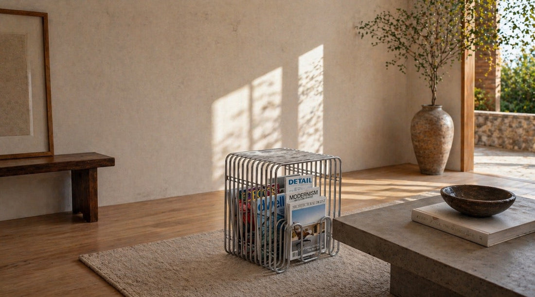 magazine rack side table in japandi living setting