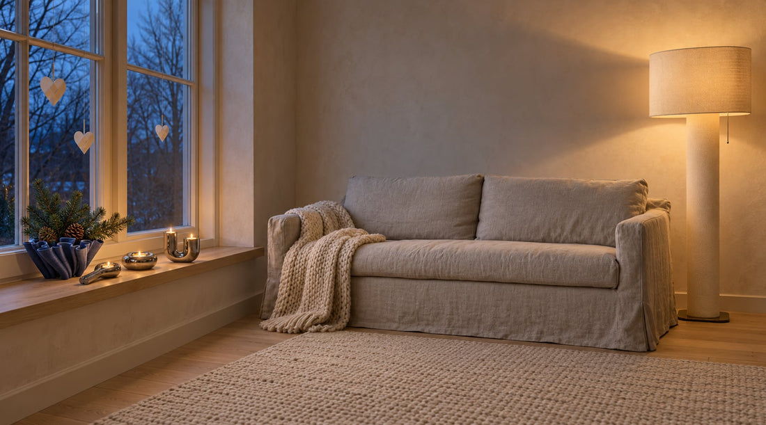 Scandinavian Christmas living room at dusk with polished steel candle holders and fir cuttings on the windowsill, paper hearts in the window and a fabric floor lamp glowing beside a linen sofa