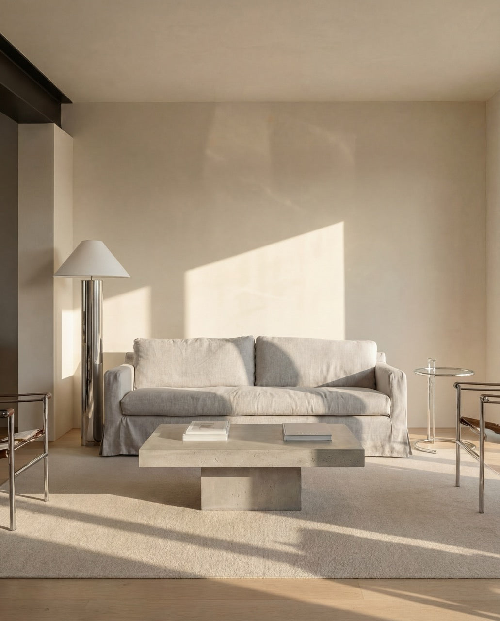 Chrome column floor lamp beside a linen sofa