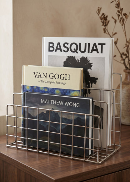 Wire Mesh Magazine Holder, Brushed Steel