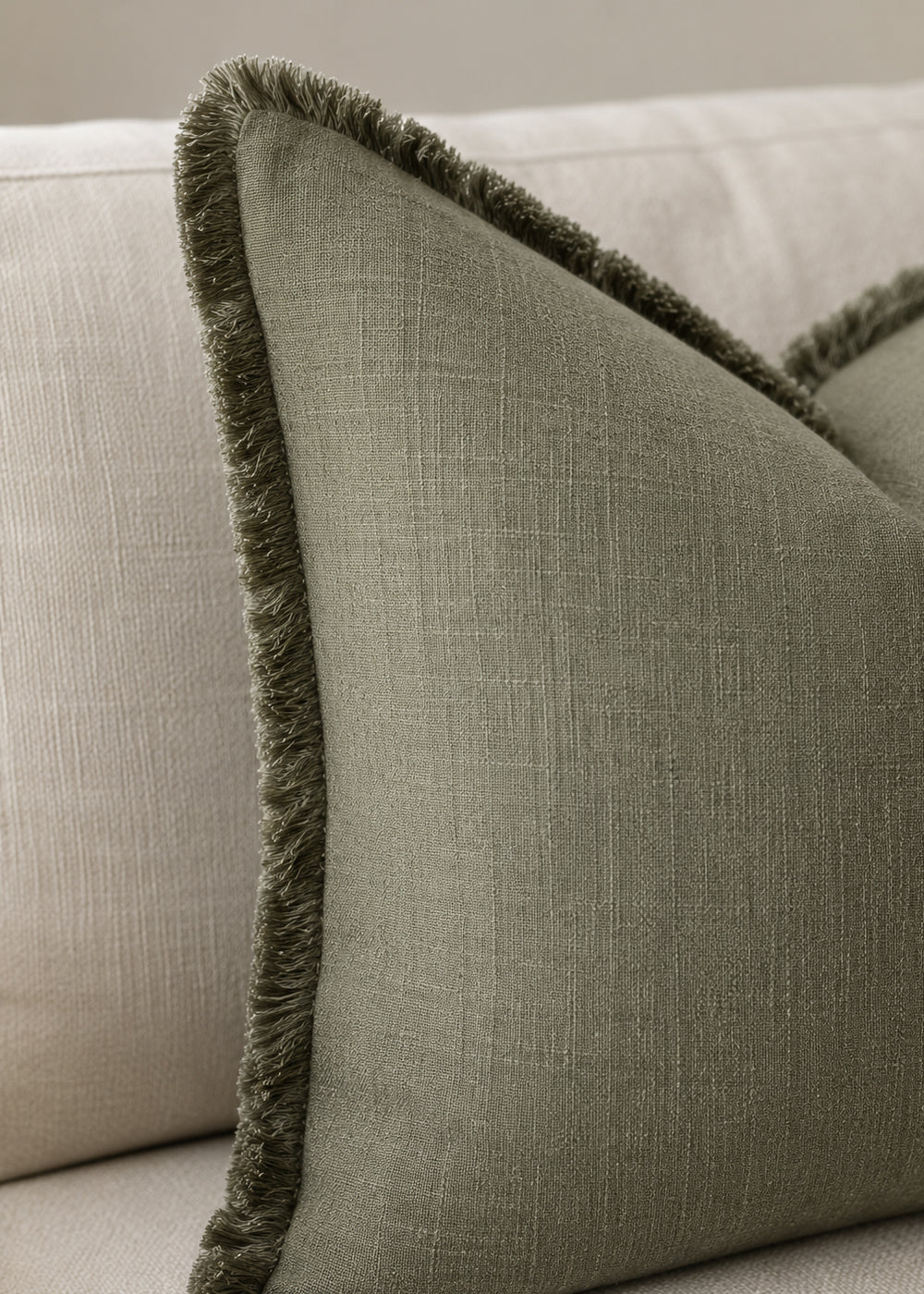 Sumi, Fringed Linen Cushion Covers, Set of 2, Olive