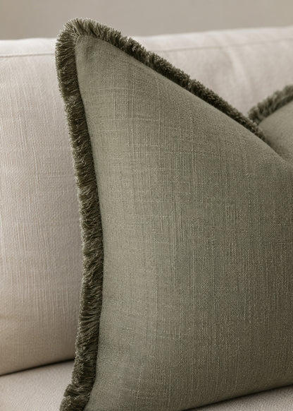 Sumi, Fringed Linen Cushion Covers, Set of 2, Olive