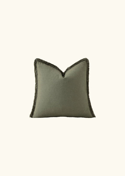 Sumi, Fringed Linen Cushion Covers, Set of 2, Olive