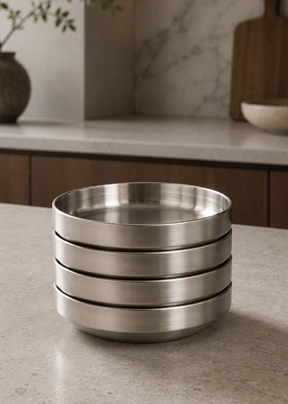 Tetsu stainless steel side bowl styled on a table
