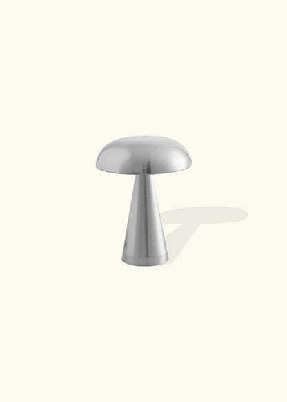 A modern stainless steel table lamp with a mushroom-shaped design. Combining contemporary style with durability, this lamp casts a warm and inviting glow. Features three touch dimming options and comes with a USB charging cable. Dimensions: H33cm